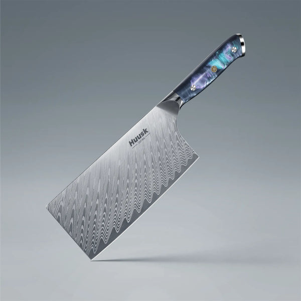 7-inch Damascus steel chef cleaver knife with blue resin handle