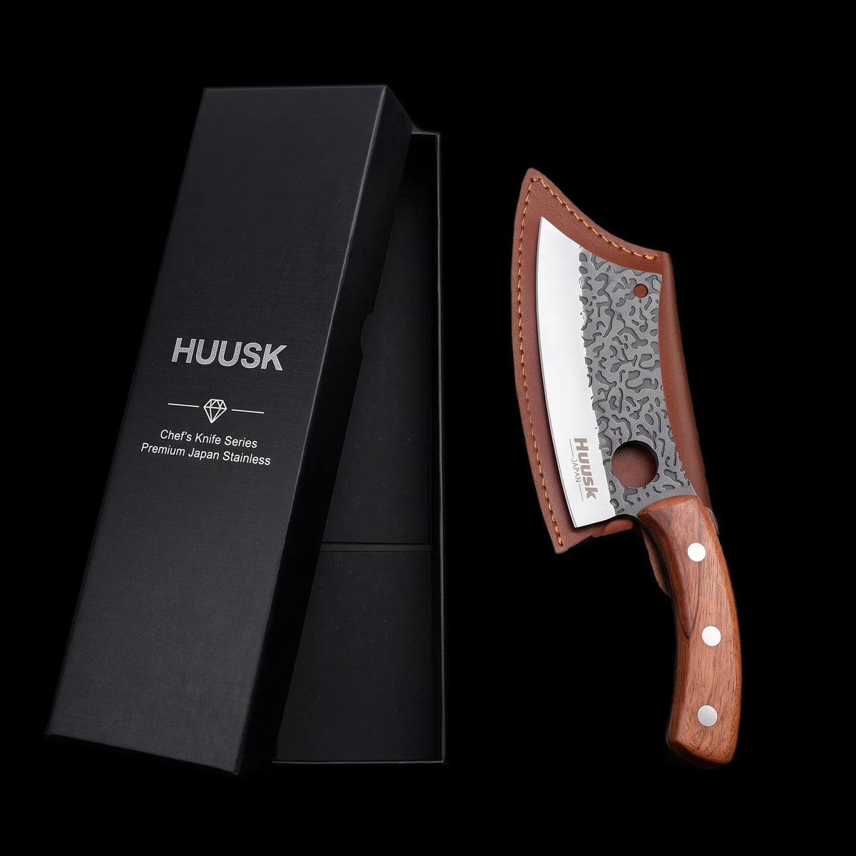Huusk Hand-Forged Chef Knife with leather sheath