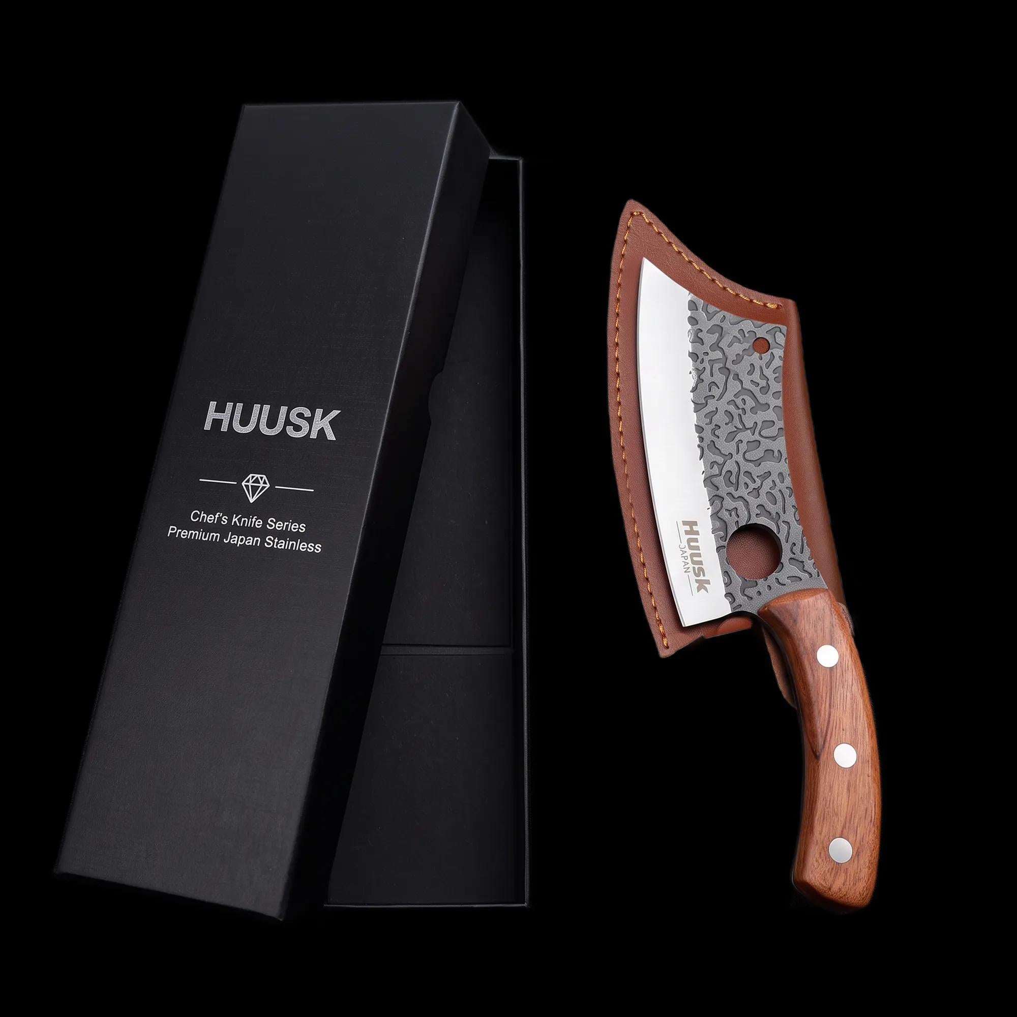 Huusk Hand-Forged Chef Knife with leather sheath