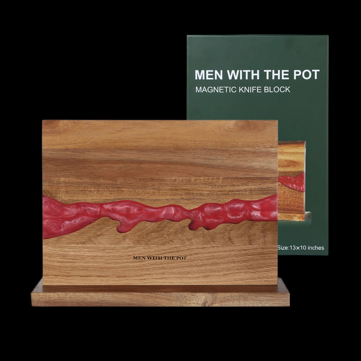 ember-red 13 x 10 inch magnetic knife block with its gift box