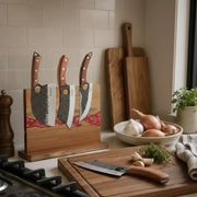 ember-red magnetic knife block holding three knives on a kitchen counter
