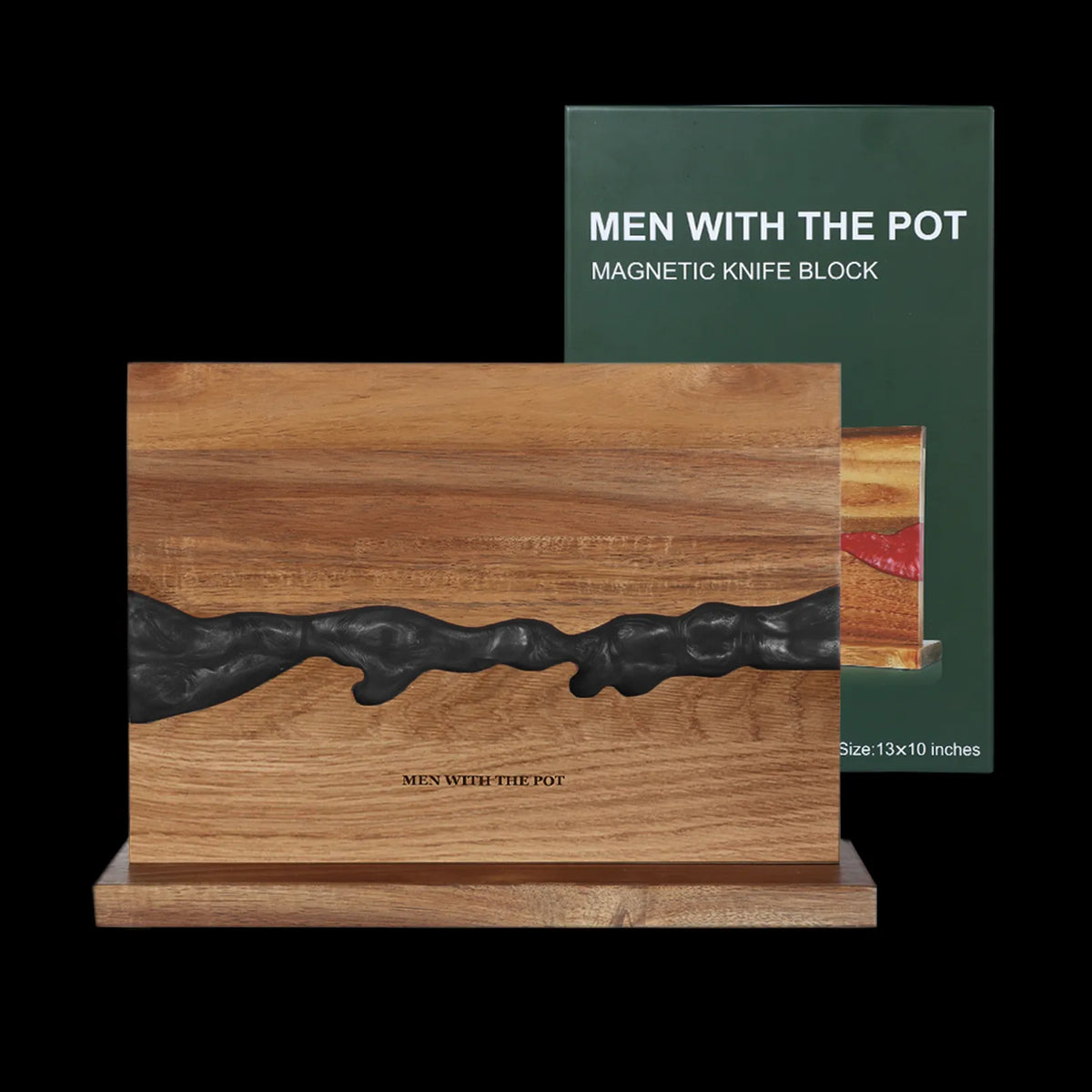 obsidian-black 13 x 10 inch magnetic knife block with its gift box