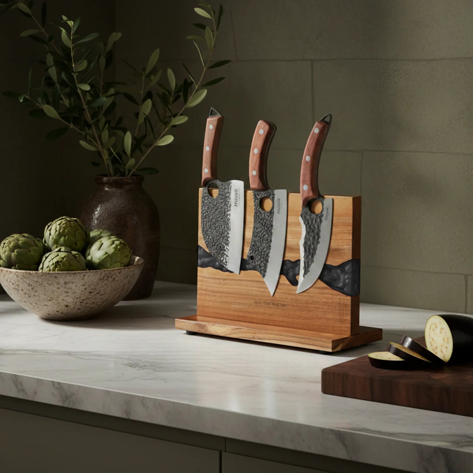 obsidian-black double-sided magnetic knife block in a home kitchen
