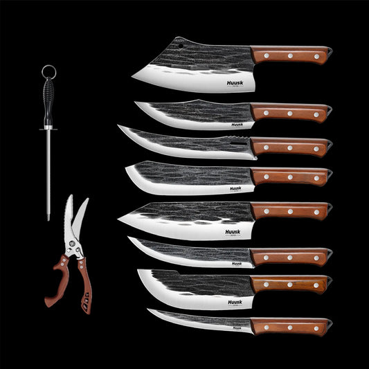 Huusk 10-piece forged knife set with eight wood-handled knives, honing rod, and kitchen shears on black.