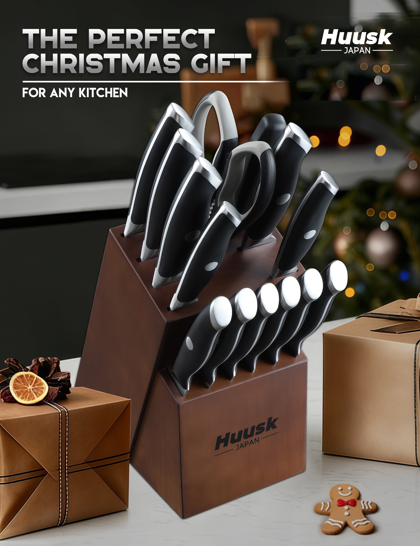 Huusk black kitchen knife set in an Acacia wood block presented as a kitchen gift