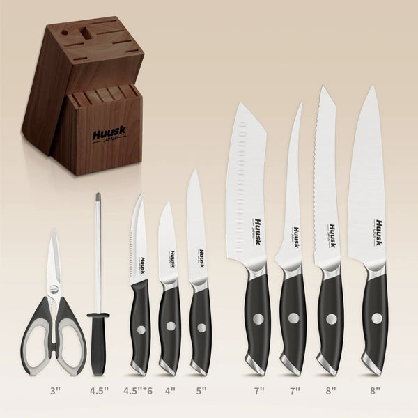 Huusk black kitchen knife set contents showing steak knives, kitchen knives, kitchen shears, sharpening rod, and Acacia wood block
