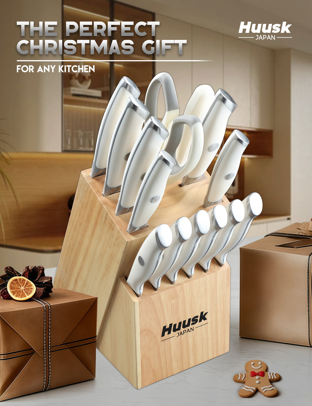 Huusk white kitchen knife set in a wooden block presented as a kitchen gift
