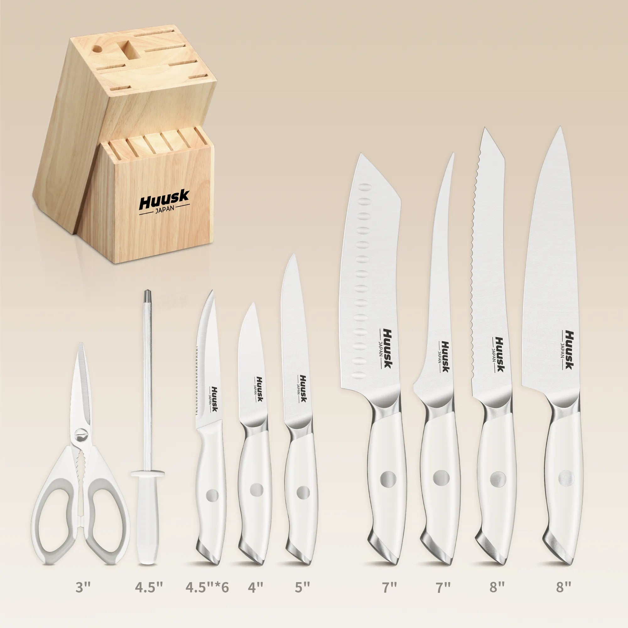Huusk kitchen knife set contents showing steak knives, kitchen knives, kitchen shears, sharpening rod, and wooden block