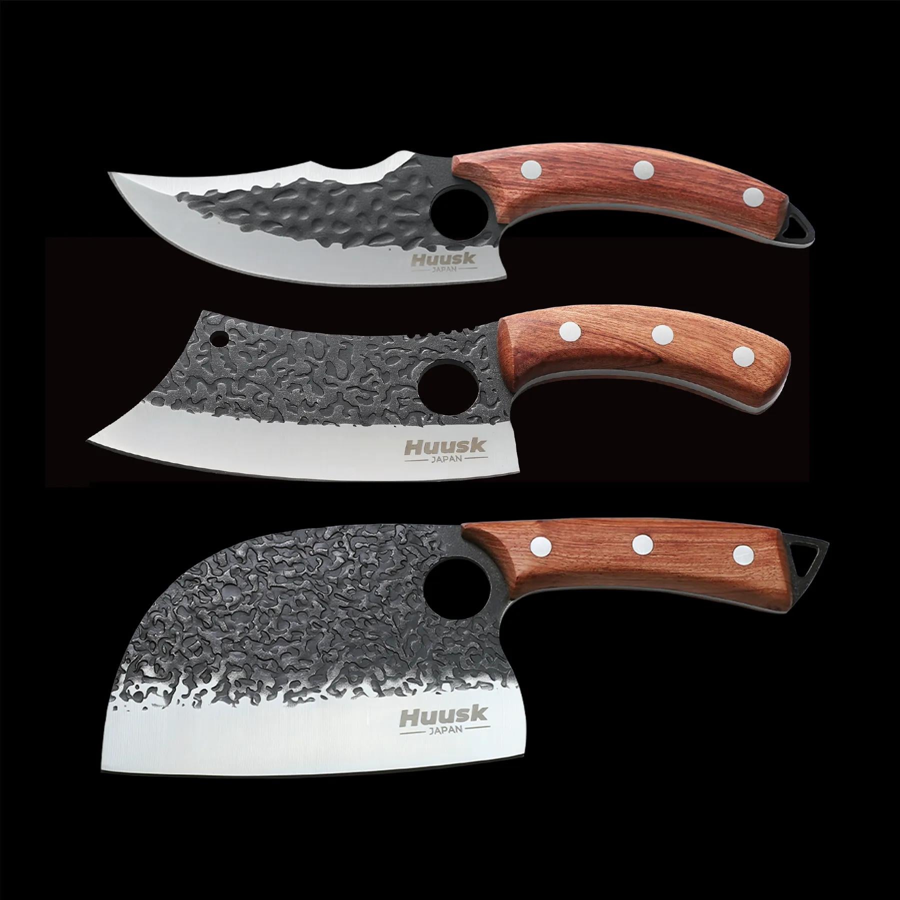 Huusk three-piece forged knife set with chef, cleaver, and utility blades on black.