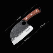 Huusk forged cleaver dimension guide with blade width, blade length, and handle length.