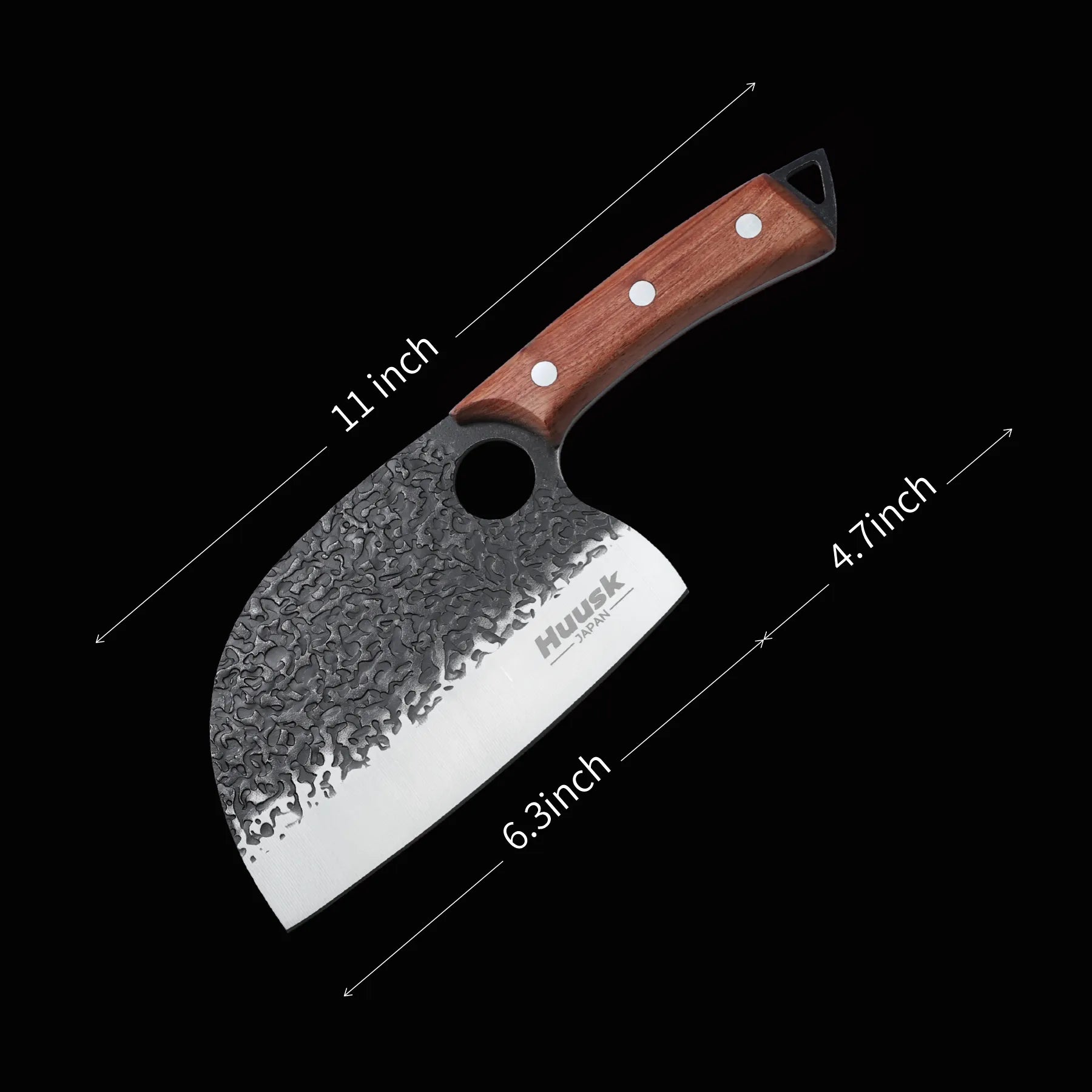 Huusk forged cleaver dimension guide with blade width, blade length, and handle length.