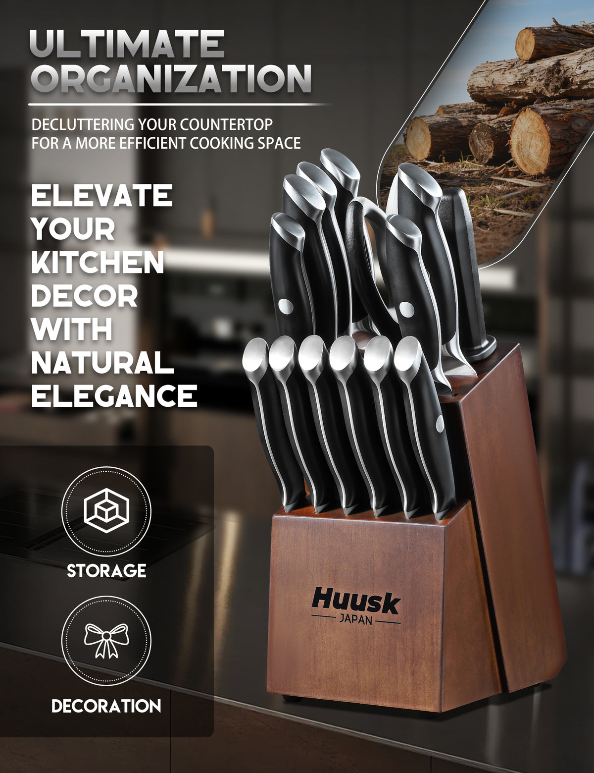 Huusk black-handle knives organized in an Acacia wood countertop knife block