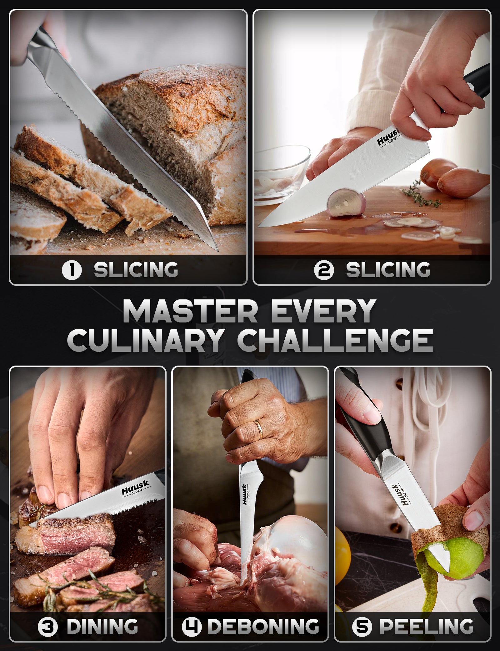 Huusk black kitchen knives shown for slicing bread, cutting vegetables, serving steak, deboning, and peeling