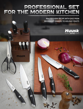 Huusk black kitchen knife set with Acacia wood block arranged for countertop food preparation