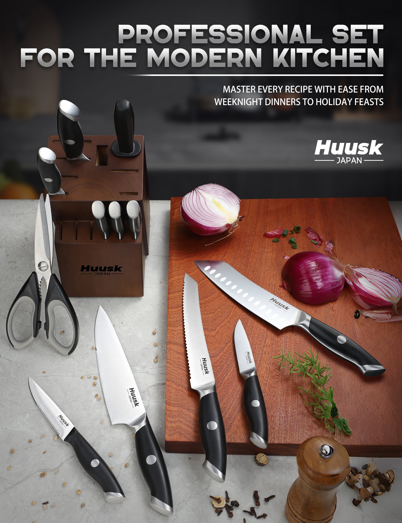Huusk black kitchen knife set with Acacia wood block arranged for countertop food preparation