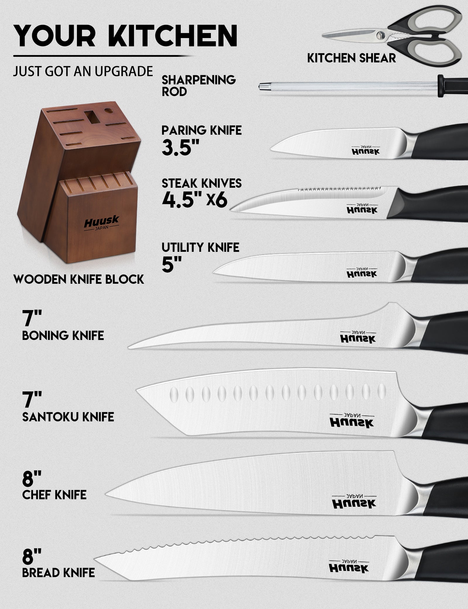 Huusk black-handle kitchen knife block set with knives, shears, sharpening rod, and Acacia wood block