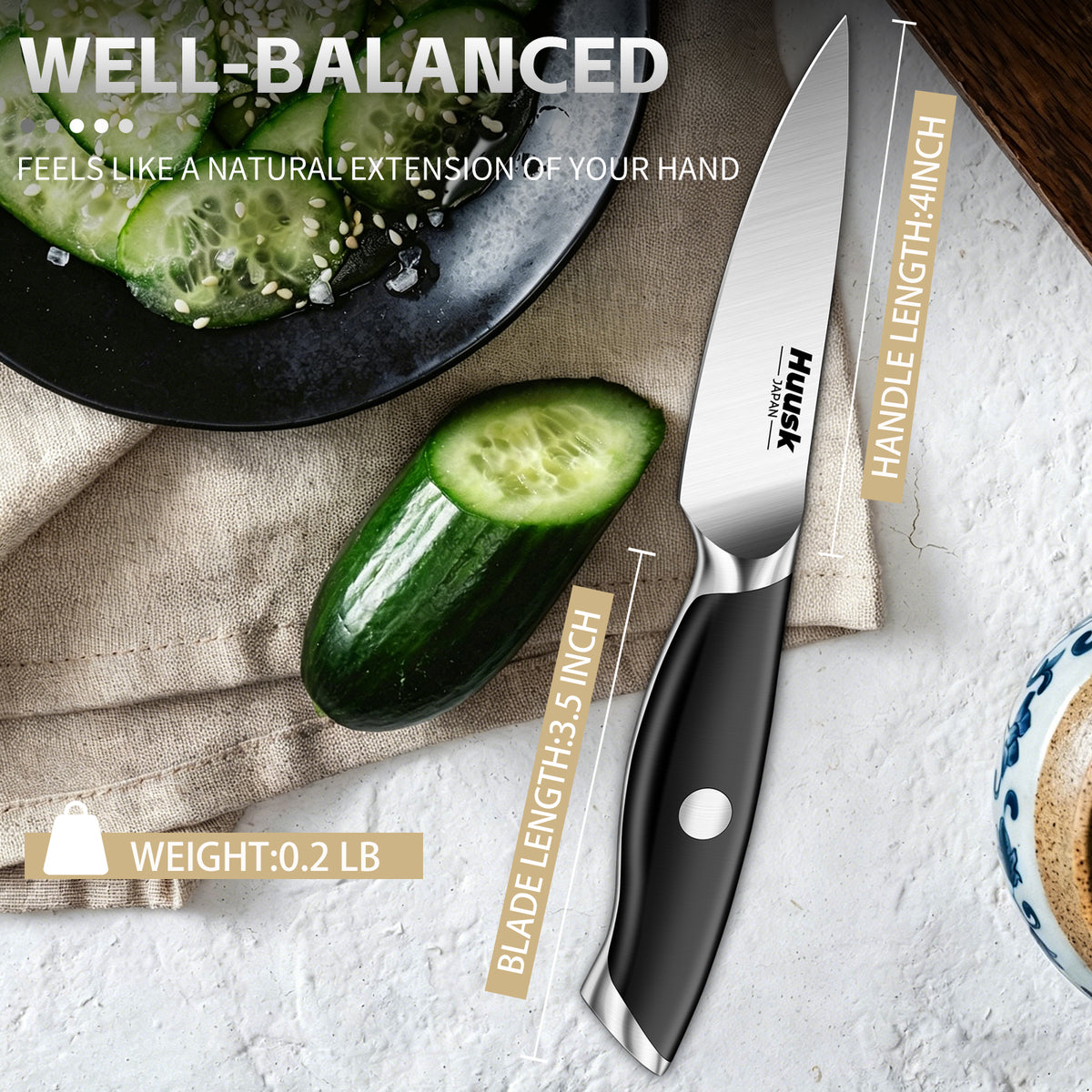 Close view of the Huusk black paring knife blade during cucumber preparation