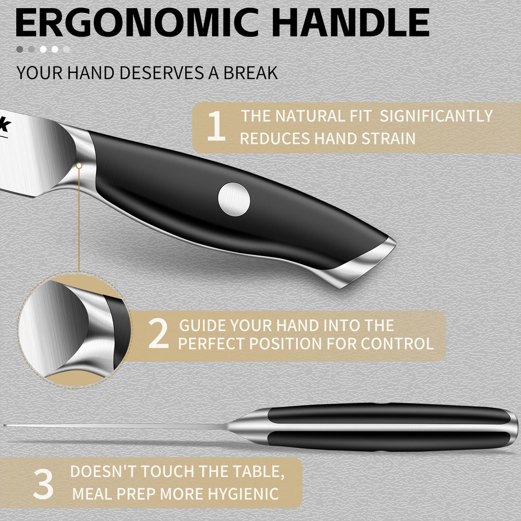 Close view of the ergonomic black resin handle and bolster on a Huusk paring knife