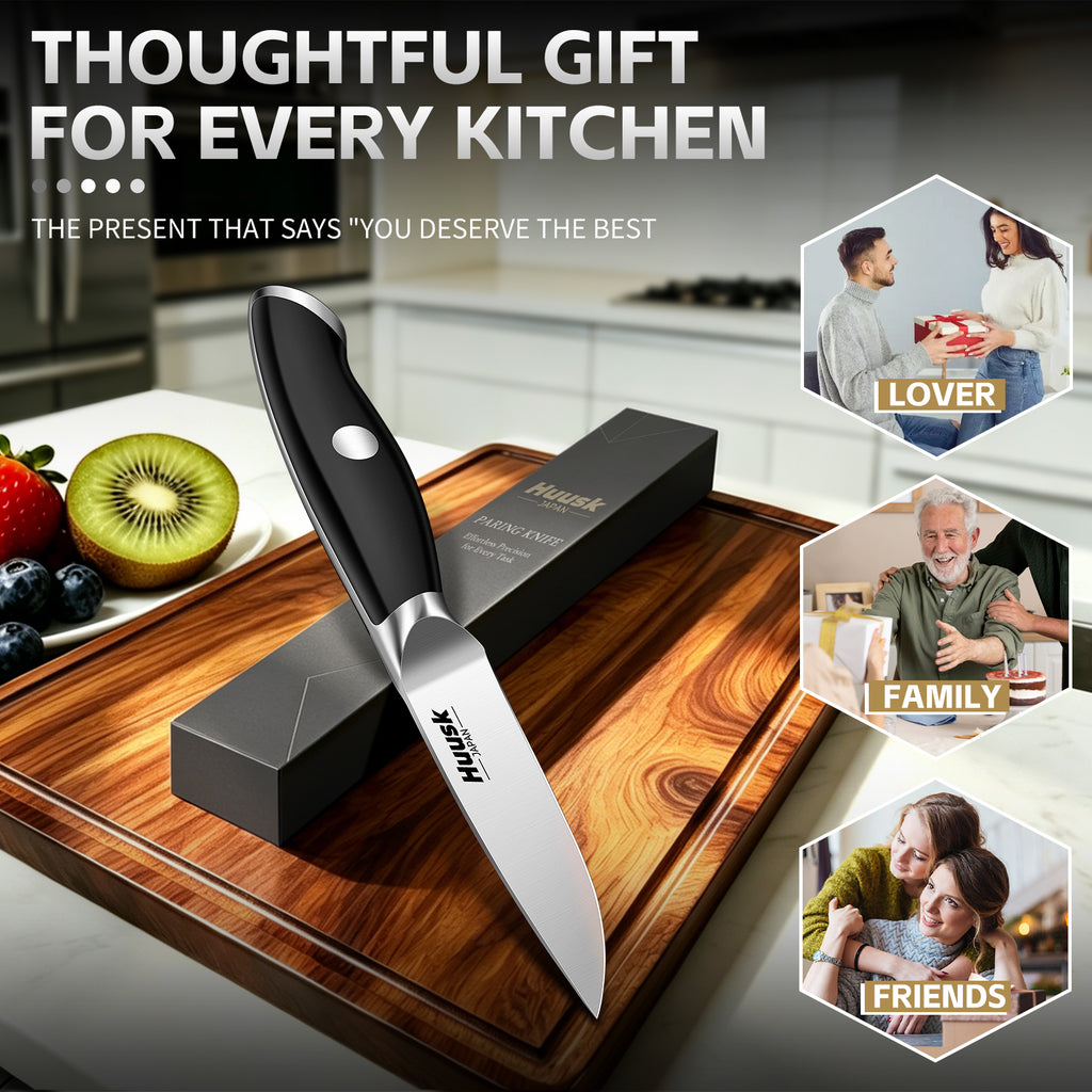 Huusk 3.5-inch black paring knife presented in its gift box