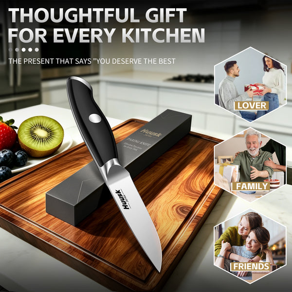 Huusk 3.5-inch black paring knife presented in its gift box