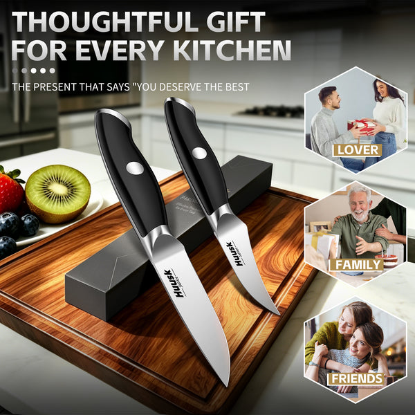 Huusk two-piece black paring knife set presented in its gift box