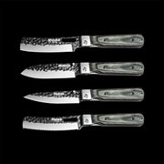 Four Huusk folding kitchen knives with dark camo handles and different blade shapes on black.