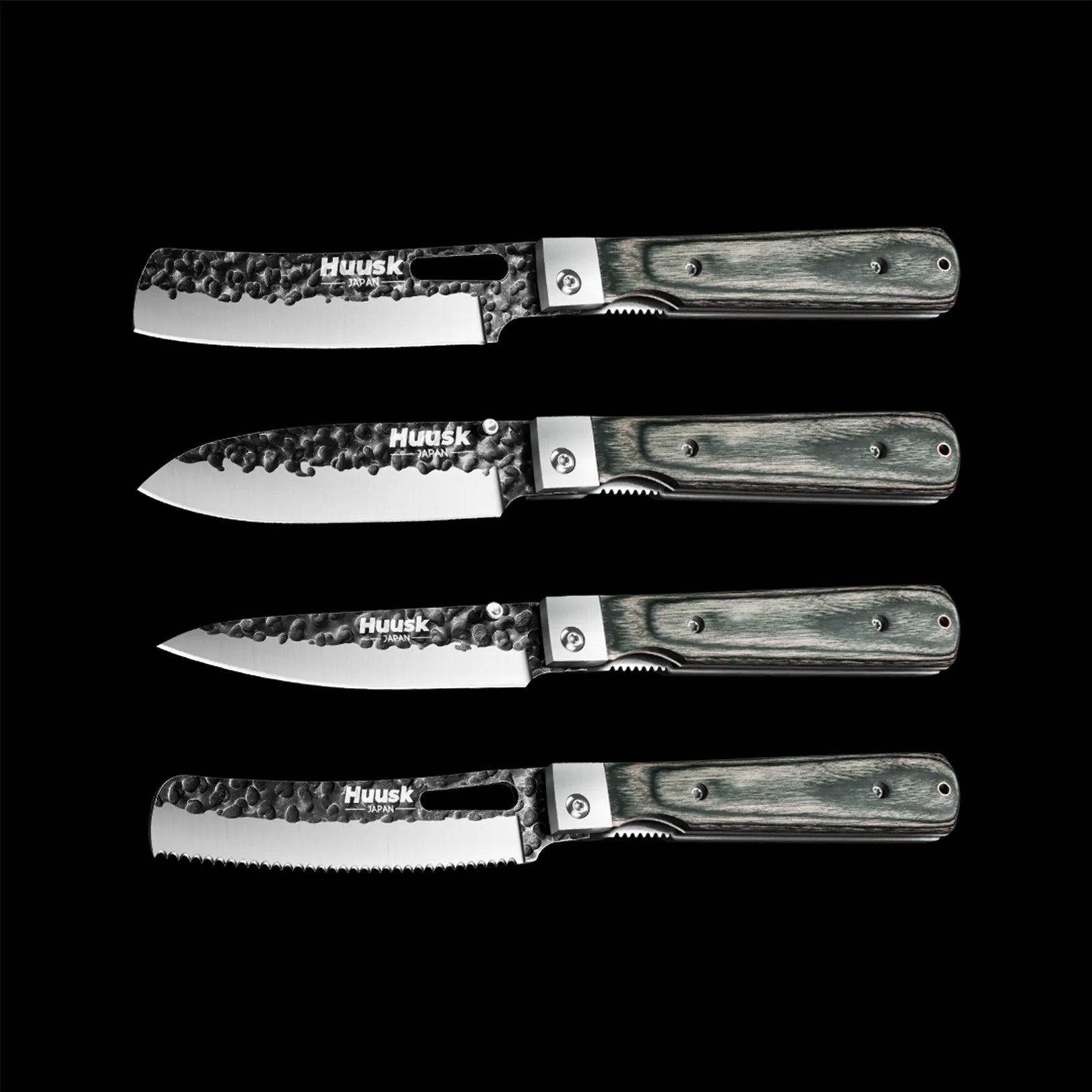 Four Huusk folding kitchen knives with dark camo handles and different blade shapes on black.