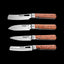 Four Huusk folding kitchen knives with natural wood handles arranged on black.