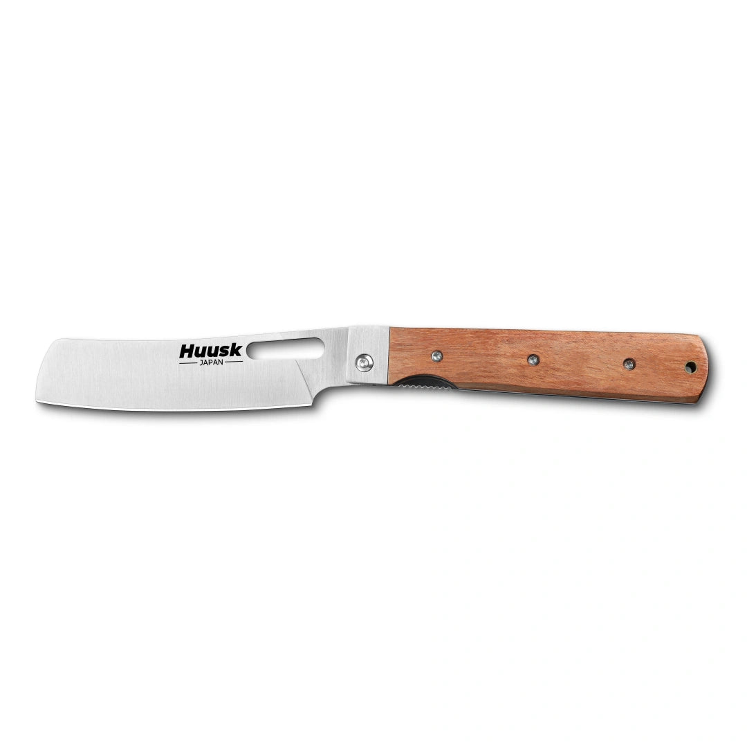 Huusk natural wood folding cleaver fully open in a side view on white.