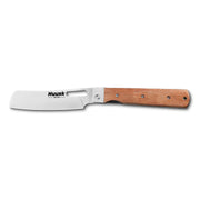 Huusk natural wood folding cleaver fully open in a side view on white.