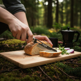 Huusk camo folding bread knife slicing a loaf on an outdoor cutting board.