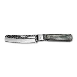 Huusk camo folding bread knife fully open in a side view on white.