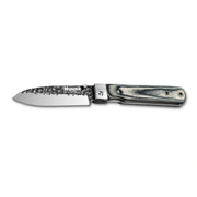 Huusk camo folding chef knife fully open in a side view on white.