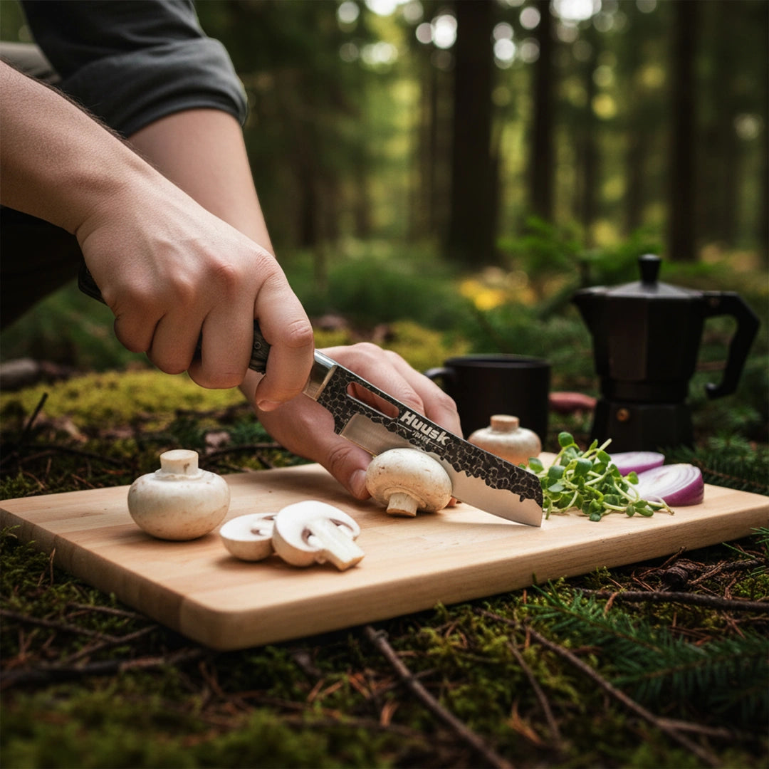 Huusk camo folding cleaver slicing mushrooms on an outdoor cutting board.