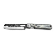 Huusk camo folding cleaver fully open in a side view on white.