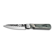 Huusk camo folding paring knife fully open in a side view on white.