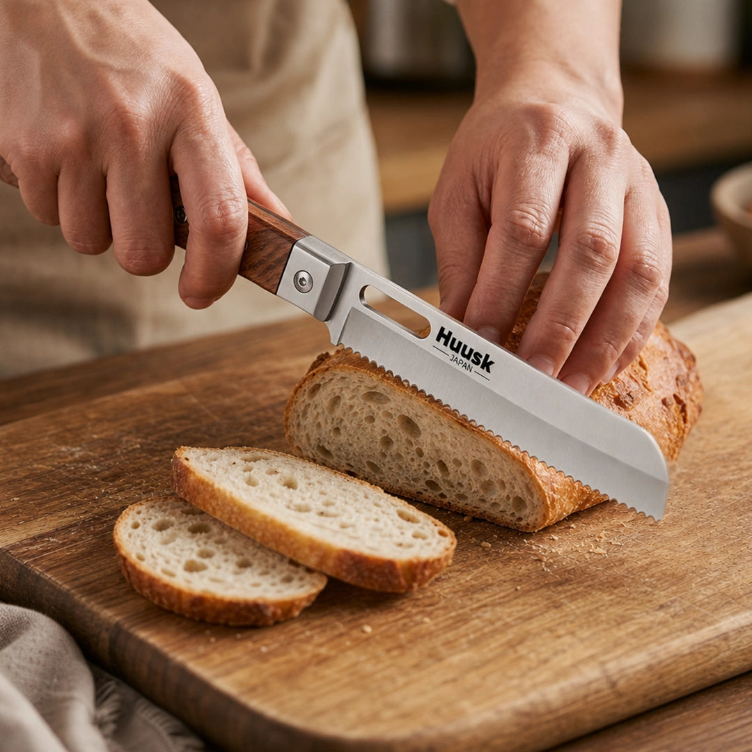 Huusk natural wood folding bread knife slicing a rustic loaf on a cutting board.