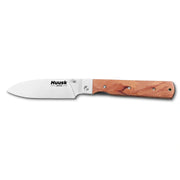Huusk natural wood folding chef knife fully open in a side view on white.