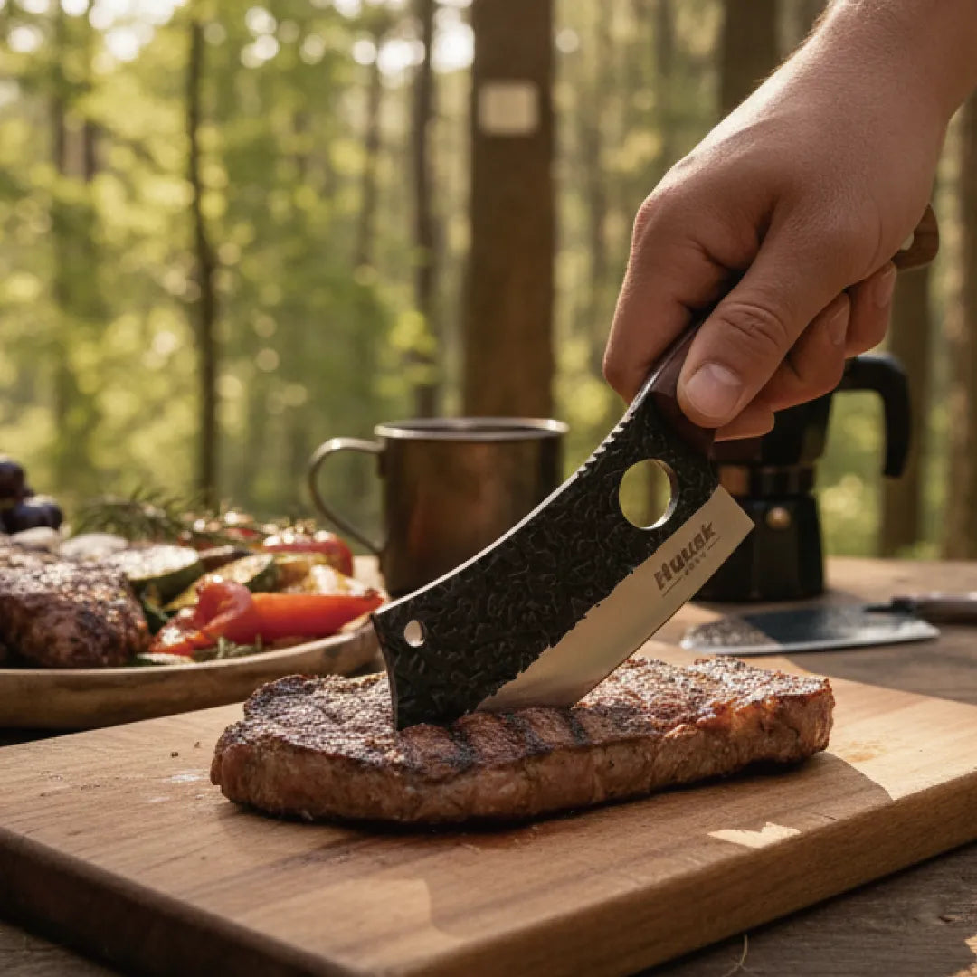 Huusk hand-forged chef knife cutting grilled steak at an outdoor campsite.