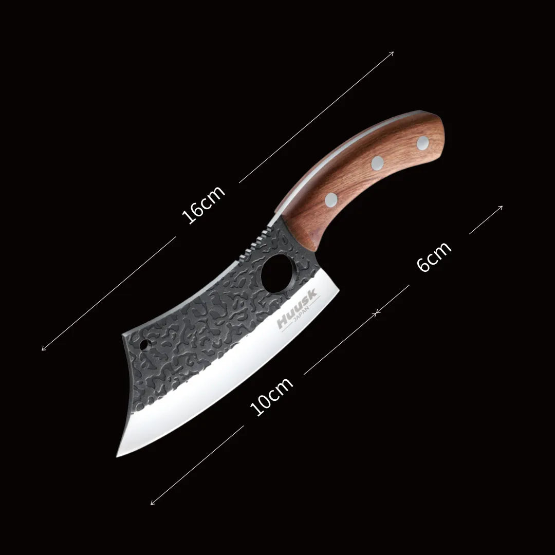 Huusk hand-forged chef knife dimension guide showing blade, handle, and overall length.
