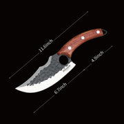 Huusk hand-forged utility knife dimension guide showing blade and overall measurements.