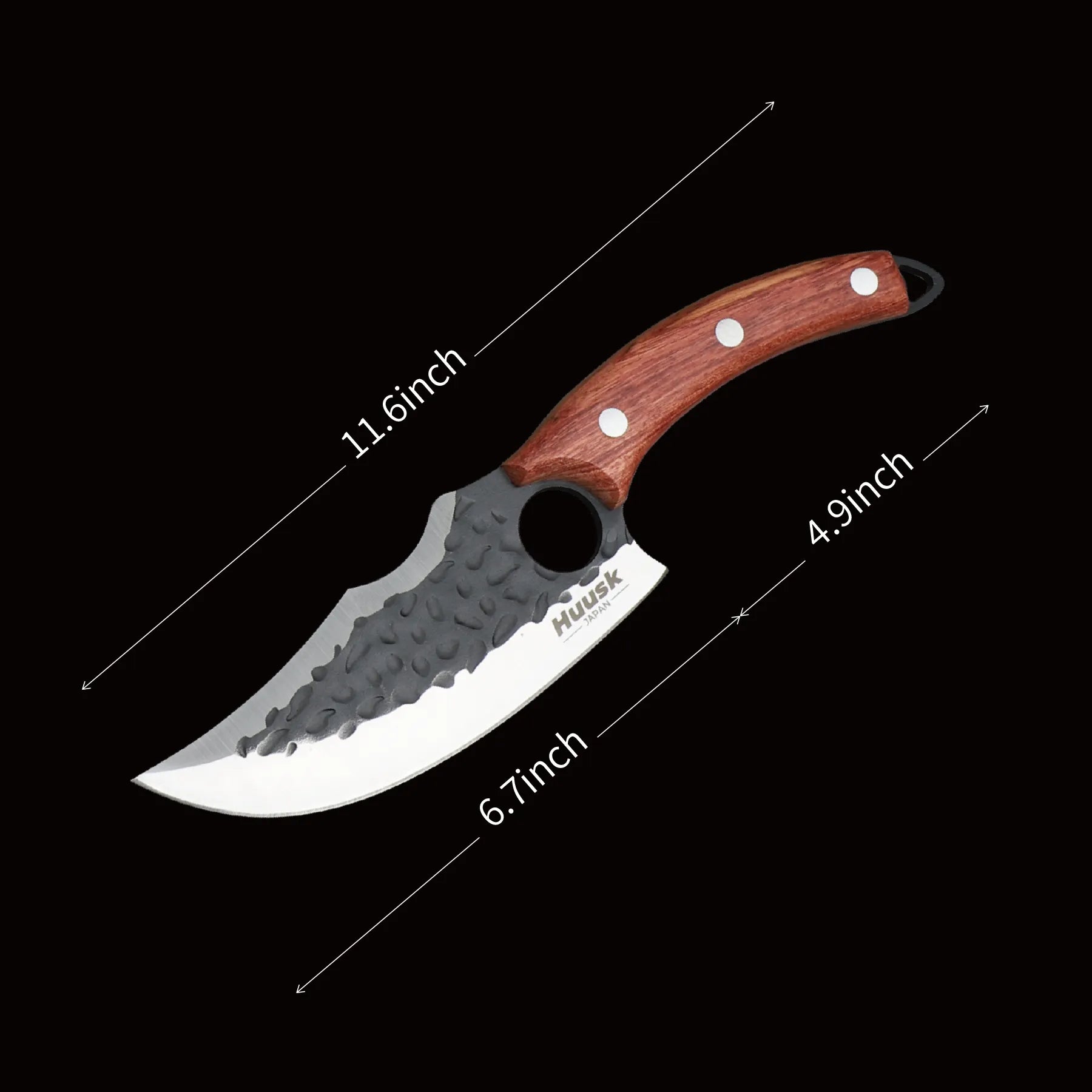 Huusk hand-forged utility knife dimension guide showing blade and overall measurements.