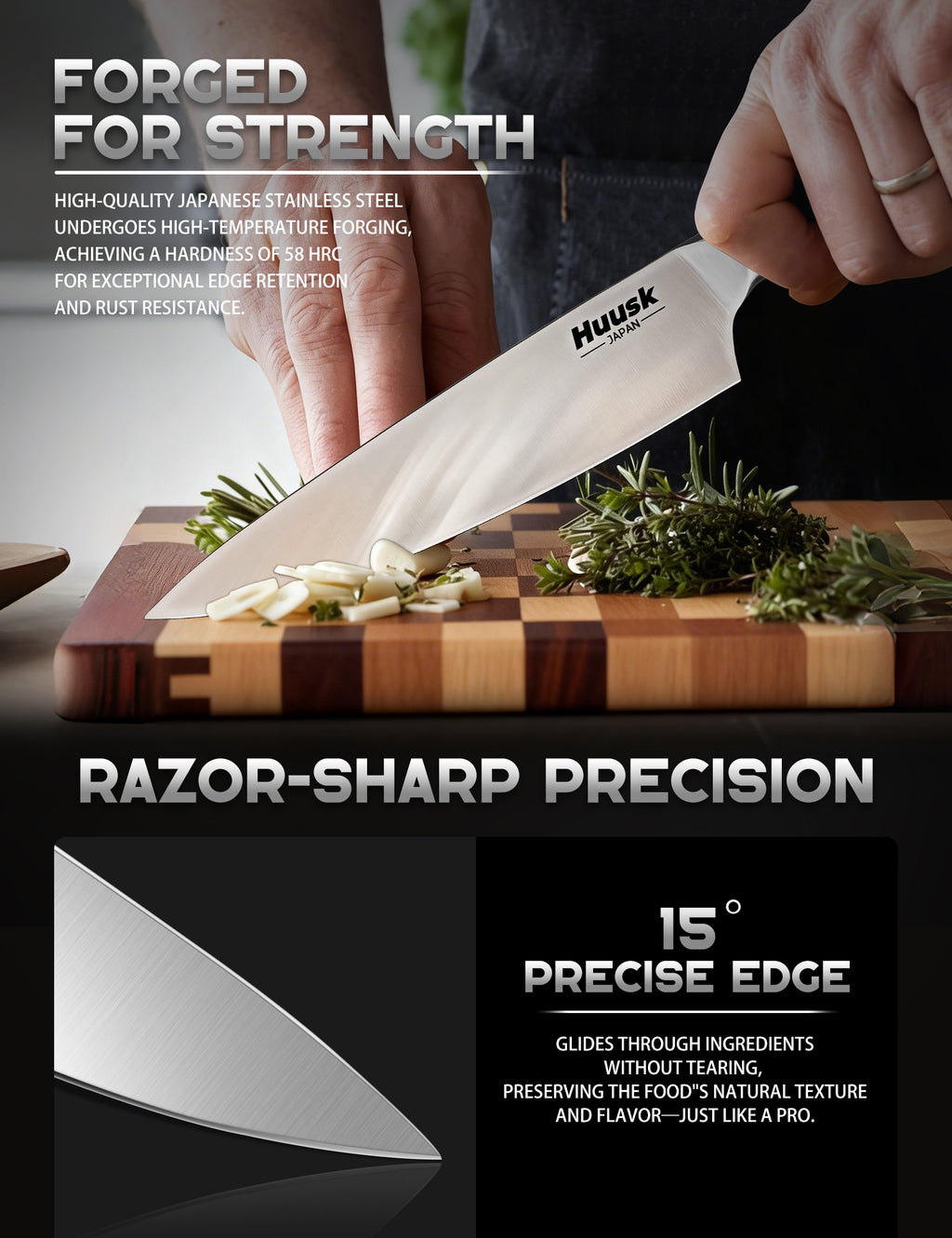 Close view of a Huusk Japanese stainless steel kitchen knife blade used for chopping herbs