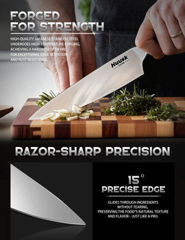 Close view of a Huusk Japanese stainless steel kitchen knife blade used for chopping herbs