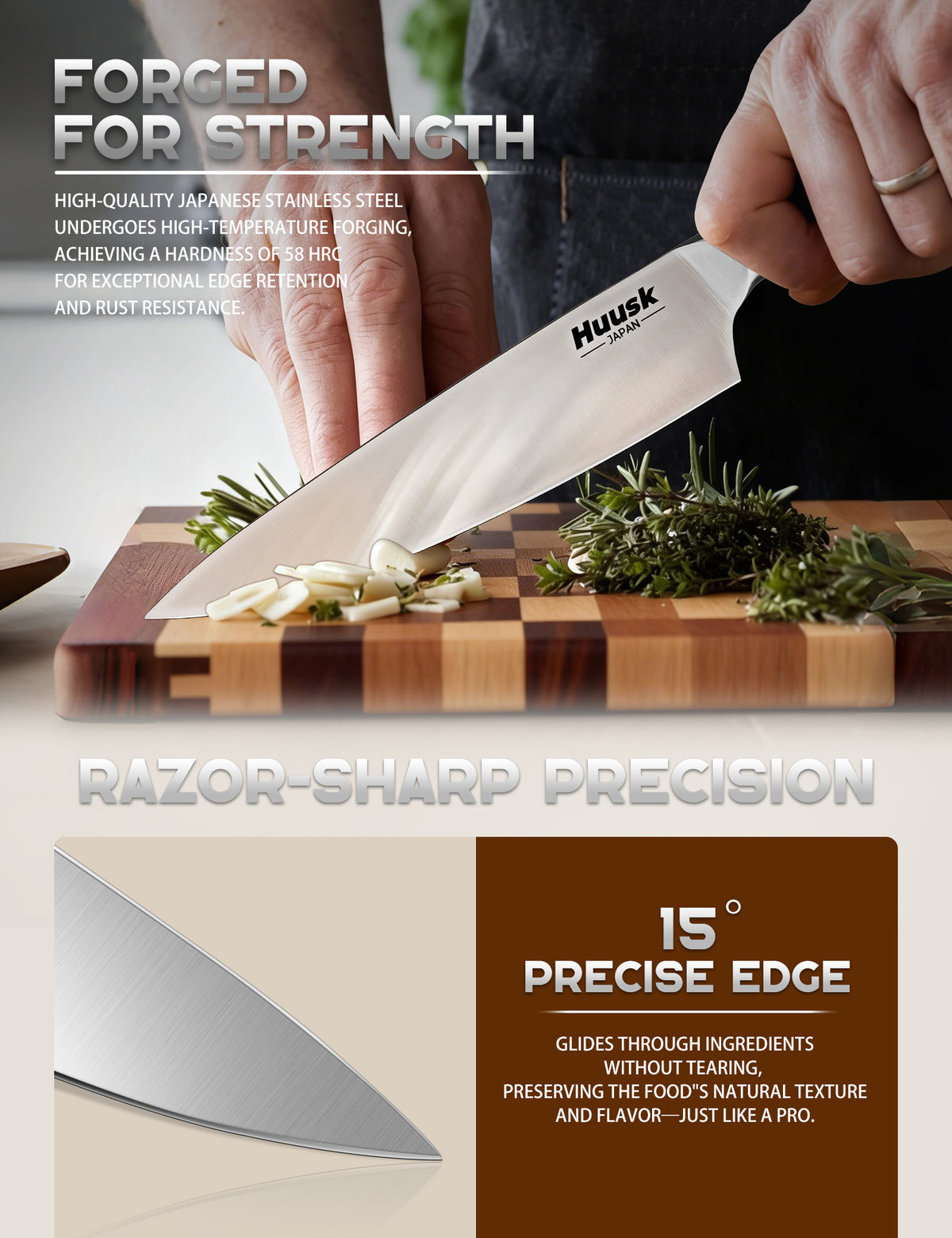 Close view of a Huusk Japanese stainless steel kitchen knife blade used for chopping herbs