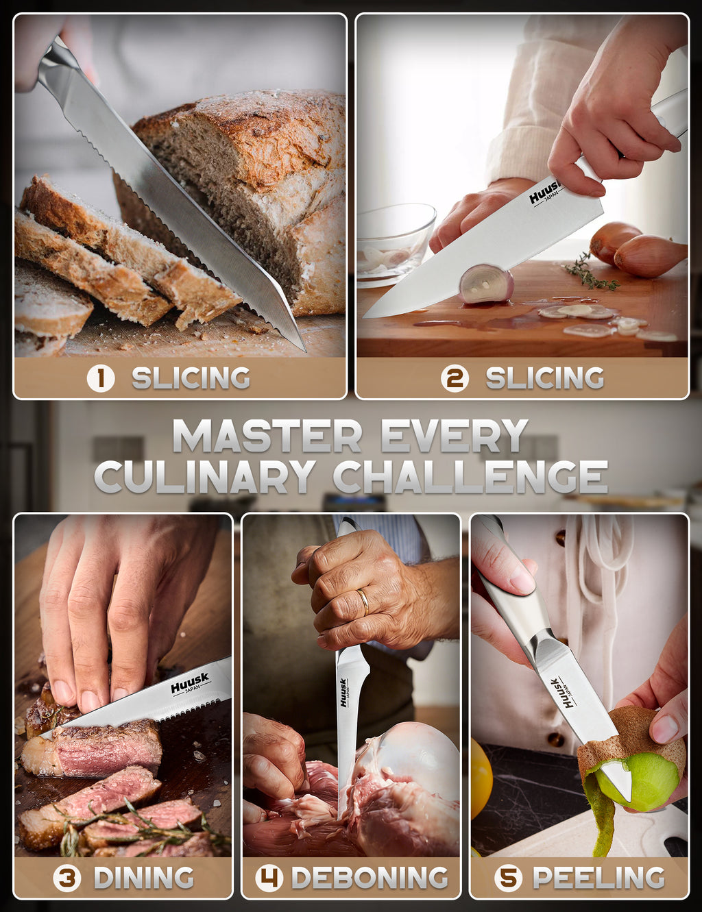 Huusk kitchen knives shown for slicing bread, cutting vegetables, serving steak, deboning, and peeling
