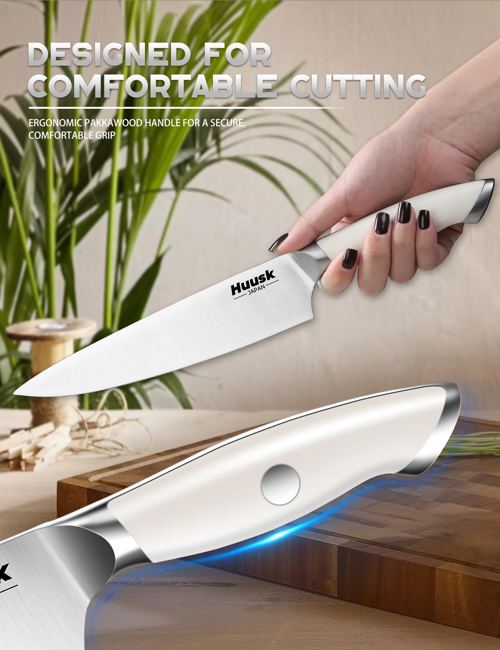 Close view of the ergonomic white Pakkawood handle on a Huusk kitchen knife
