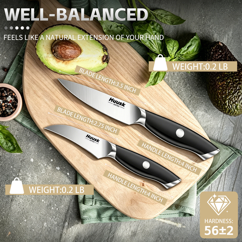 Huusk black paring knives used for slicing, peeling, and preparing fruits and vegetables