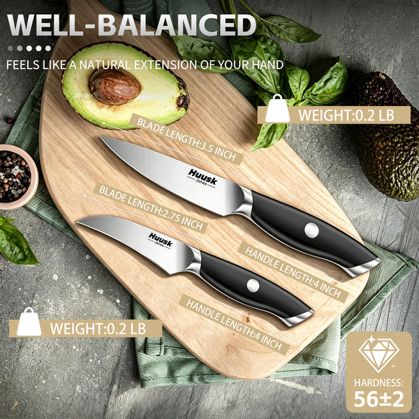 Huusk black paring knives used for slicing, peeling, and preparing fruits and vegetables