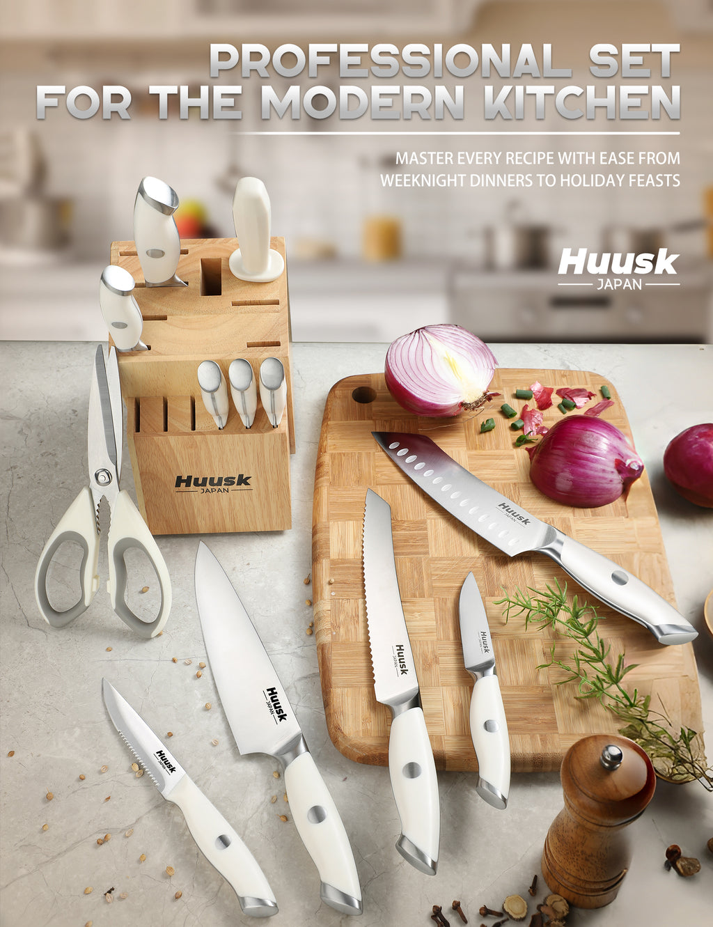 Huusk white kitchen knife set with wooden block arranged for countertop food preparation